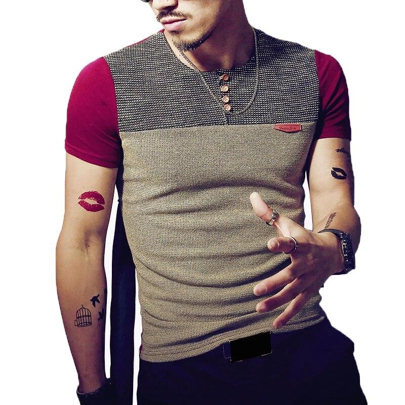 

Летняя мода Дизайн Мужская футболка Повседневная лоскутная футболка с коротким рукавом Мужская пуговица с круглым вырезом Slim Fit Хип-хоп Топ Футболки 5XL XXL вино красного