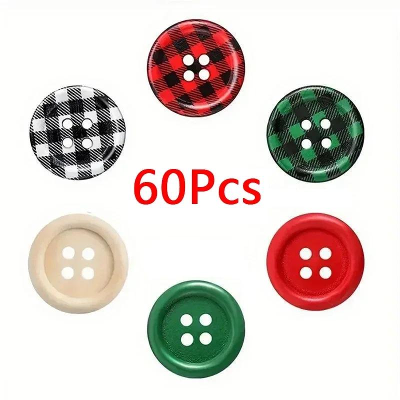 60 Pieces, Christmas Wooden Buttons, 6 Colors, 0.79 Inches, Plaid Wooden Buttons, 4 Holes, Black And Red Wooden Buttons, Plaid