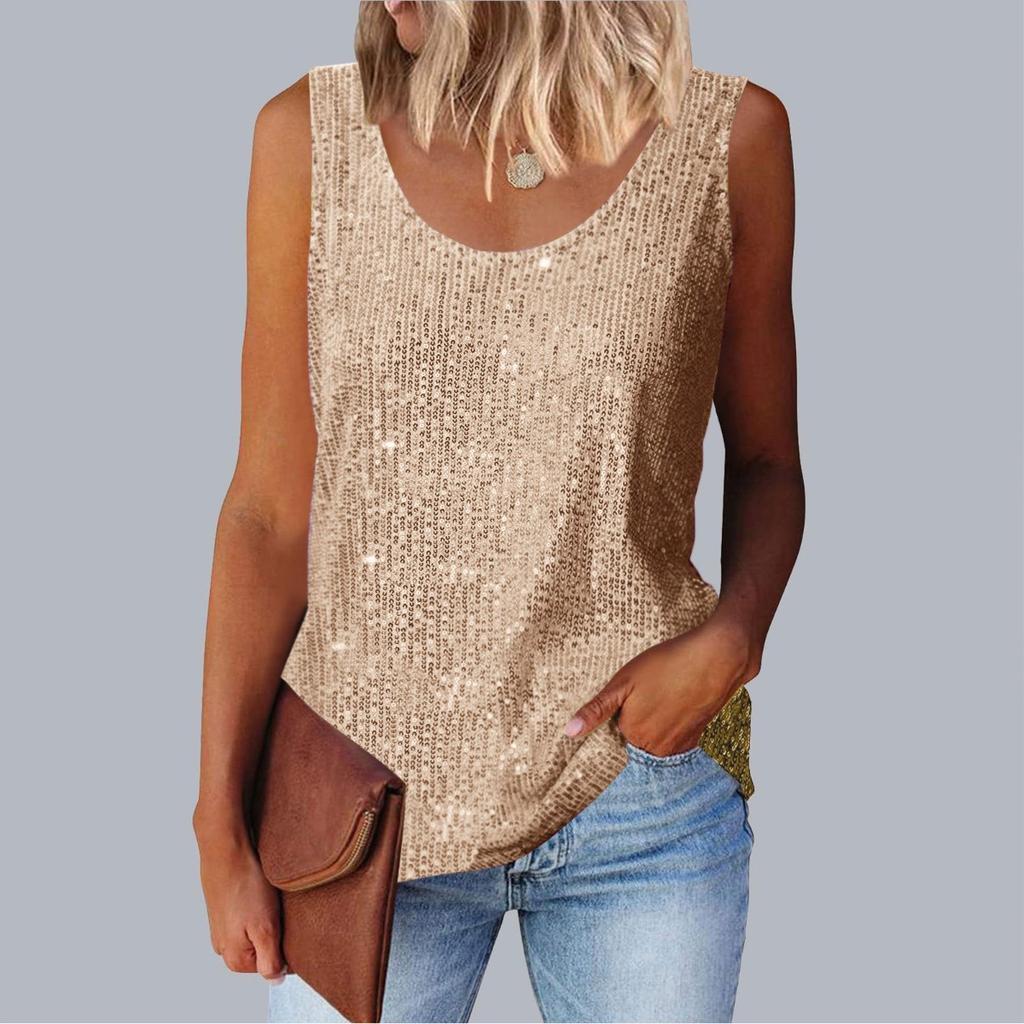 Women's Top, Commuting Sequins, Loose Fitting, Round Neck Vest, Comfortable and Casual