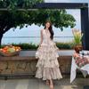 French Vacation Style Monet Garden Neck Chiffon Cake Long Dress Women's V-neck Dress