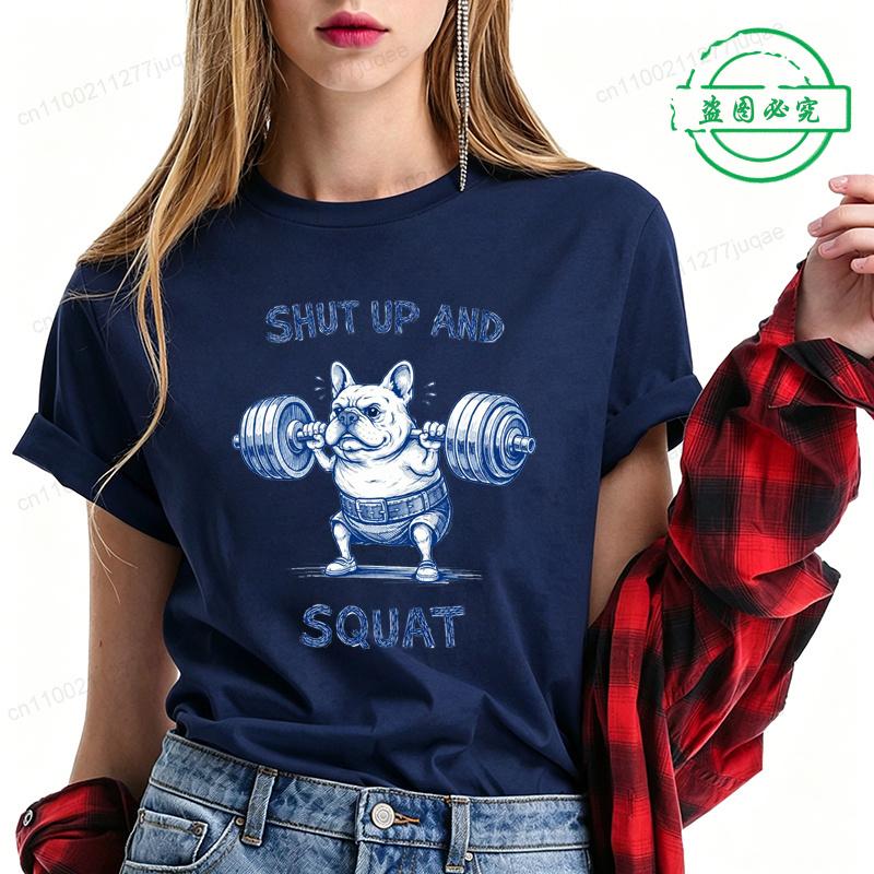 Summer Fashion Women's T-shirt Casual Funny French Bulldog Weightlifting Print T-Shirts O-neck Tops Short Sleeve Shirts Clothing