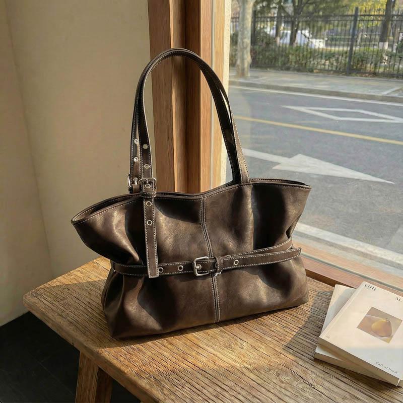 Womens Casual PU Leather Tote Bag Belt Buckle Detail Stitch Accent Large Capacity Minimalist Daily Bag for Commute Travel Everyday Use Durable