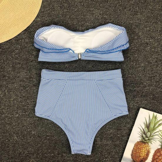 2Pcs/Set Women Bikini Set Ruffle Trim Bandeau Padded Push-Up Bra High Waisted Briefs Set Striped Print Beachwear