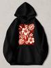 Black Pullover Hoodie with Red and Cream Tropical Hibiscus Flower and Monstera Leaf Print Casual Streetwear Sweatshirt for Daily W