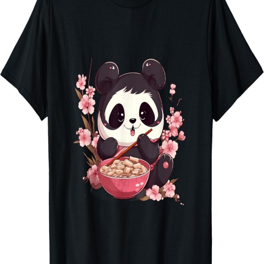 T-shirt Otaku Kawaii Anime Panda Mangia Ramen Fiori di Ciliegio(12)