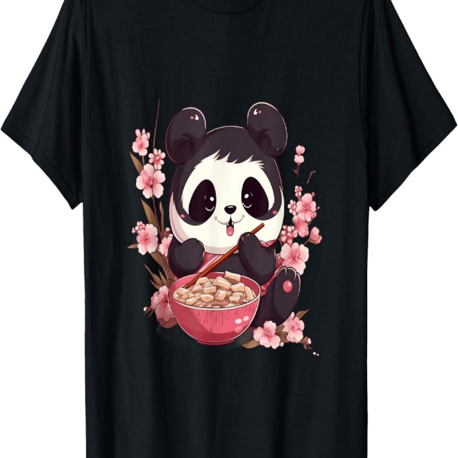 Otaku Kawaii Anime Panda Eat Ramen Noodles Cherry Blossom T-Shirt(12) S