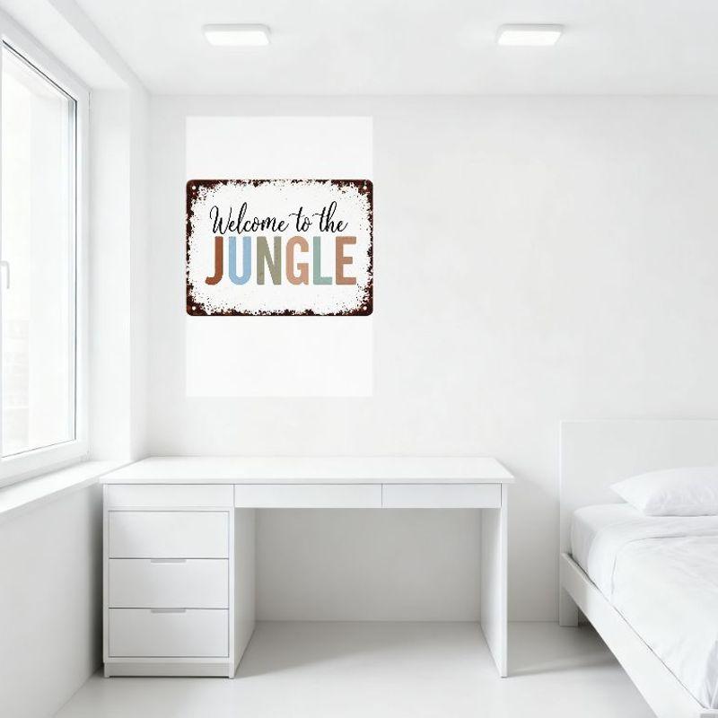 Rustic Metal Tin Sign Welcome to the JUNGLE, Weathered Brown Rust Border, White Distressed Interior with Hanging Holes, Vintage