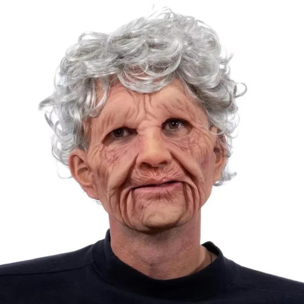 with Hair Halloween Old Man Mask Soft Grandma Headgear Scary Masquerade Head Cover  Fool's Day