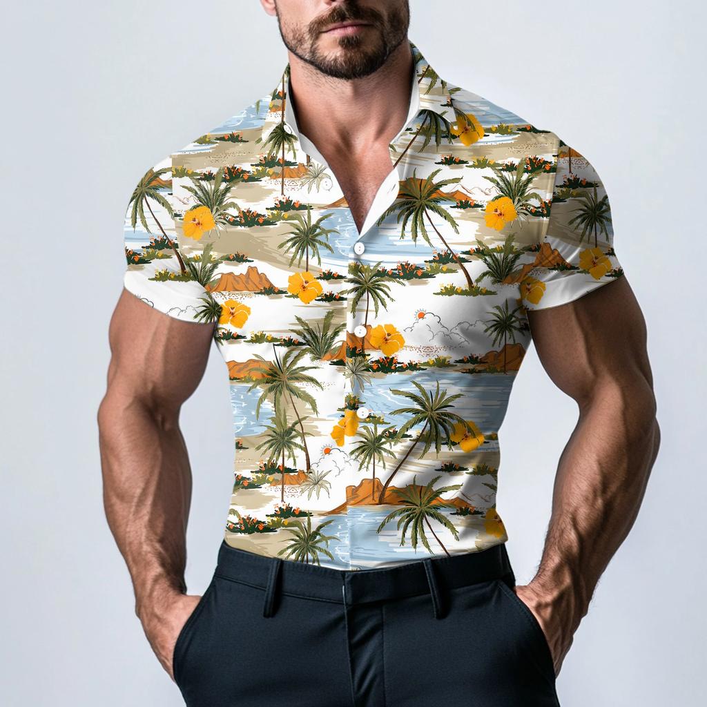 Men's Fashion Printed Satin Short Sleeve Shirt Top