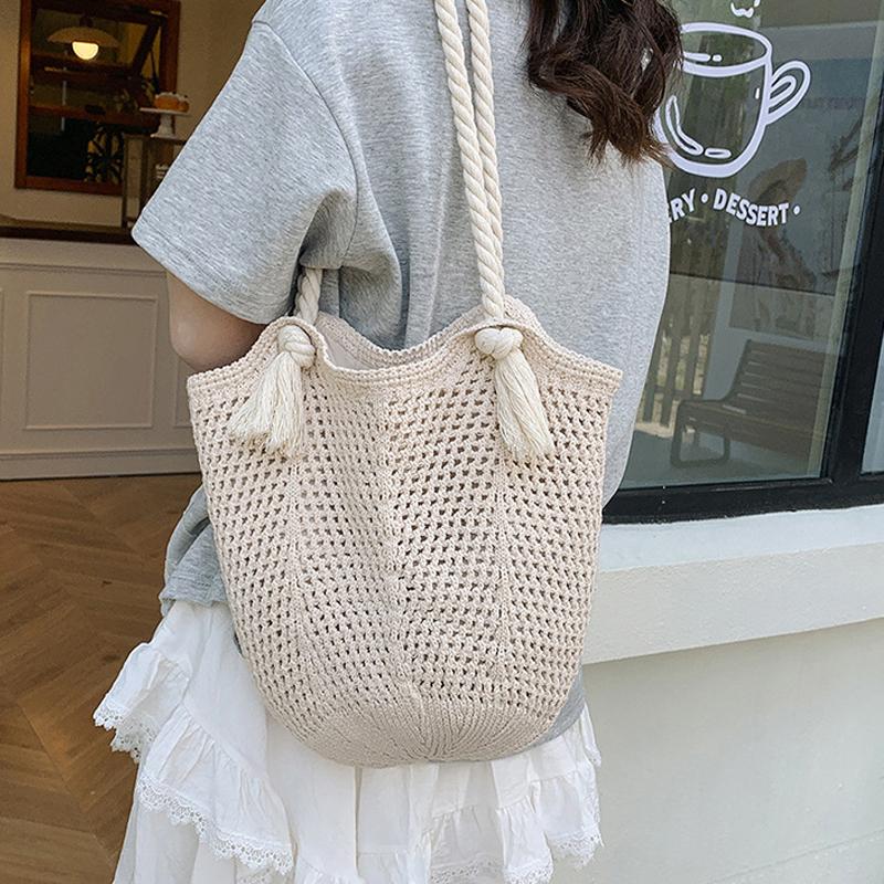 Portable Bohemian Knitted Shoulder Bag Hollowed Out Solid Color Casual Woven Handbag Sweet Soft Crochet Tote Bag CLE