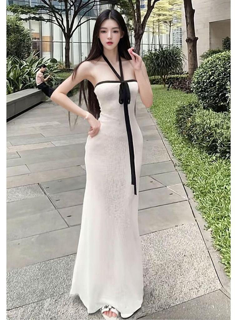 Pure Desire Color Block Bodycon Halter Dress - Women's Sexy Summer Vacation Slimming Maxi