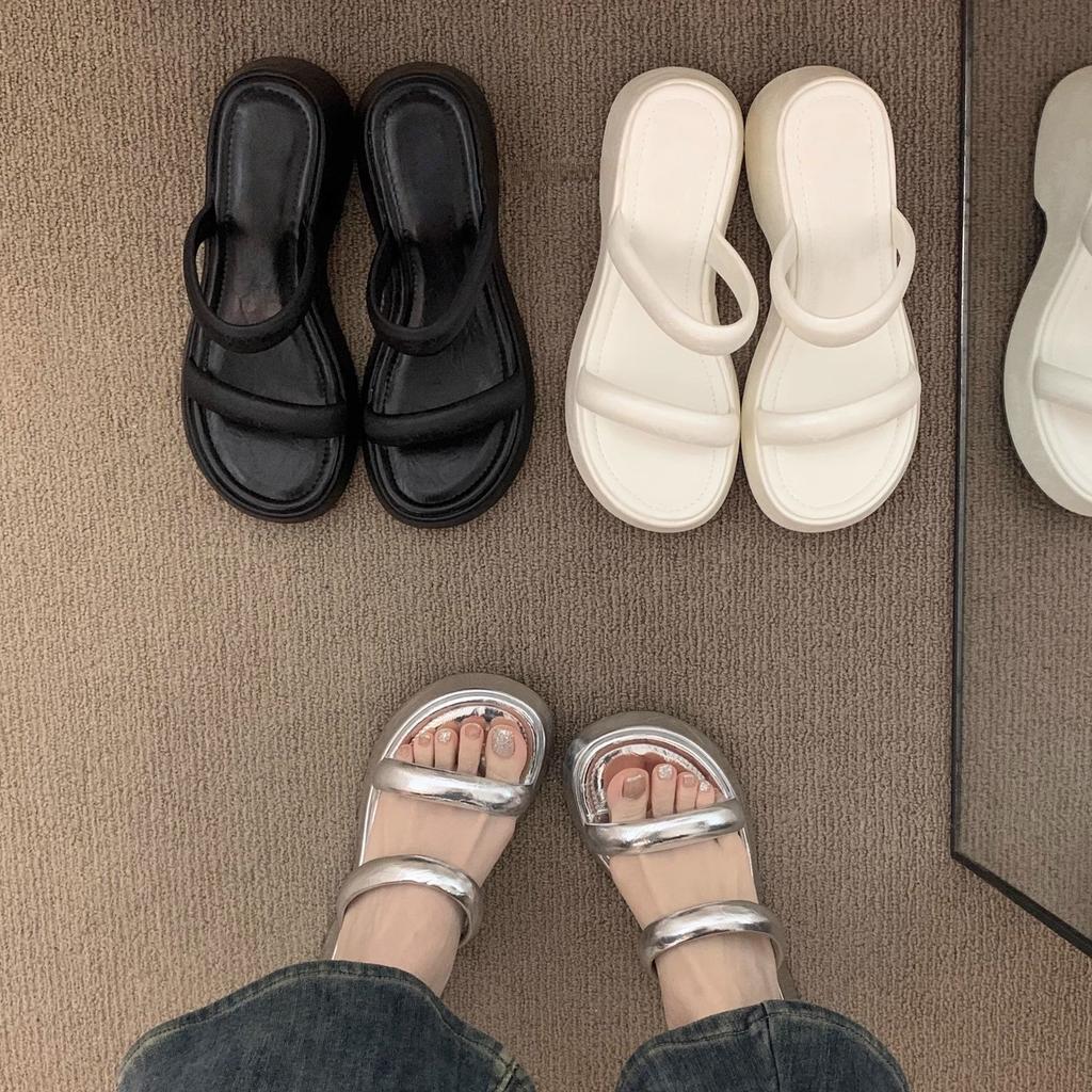 sponge cake thick-soled high-heeled black open-toed sandals for women's summer outer wear wedge heel small inner height increase with skirt cool slipp