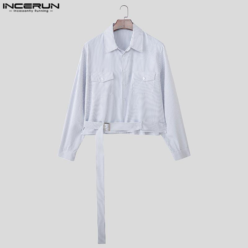 INCERUN Oversized Men Lapel Neck Long Sleeve Striped Print Belt Casual Shirts Tops