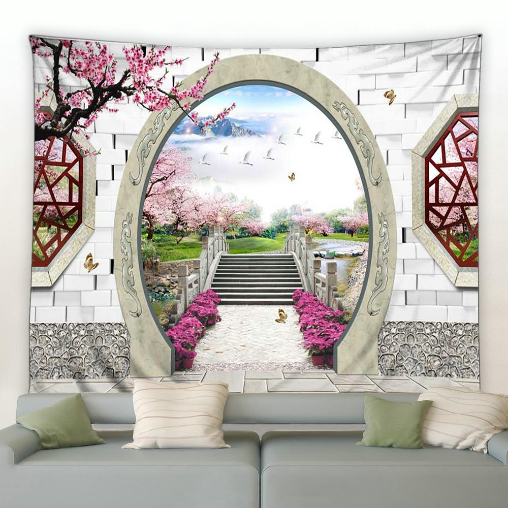 Chinesische Natur Landschaft Tapisserie Vintage Stil 3D Bögen Grün Bambus Wandbehang Tapisserie Hintergrund Dekoration Home Dekoration