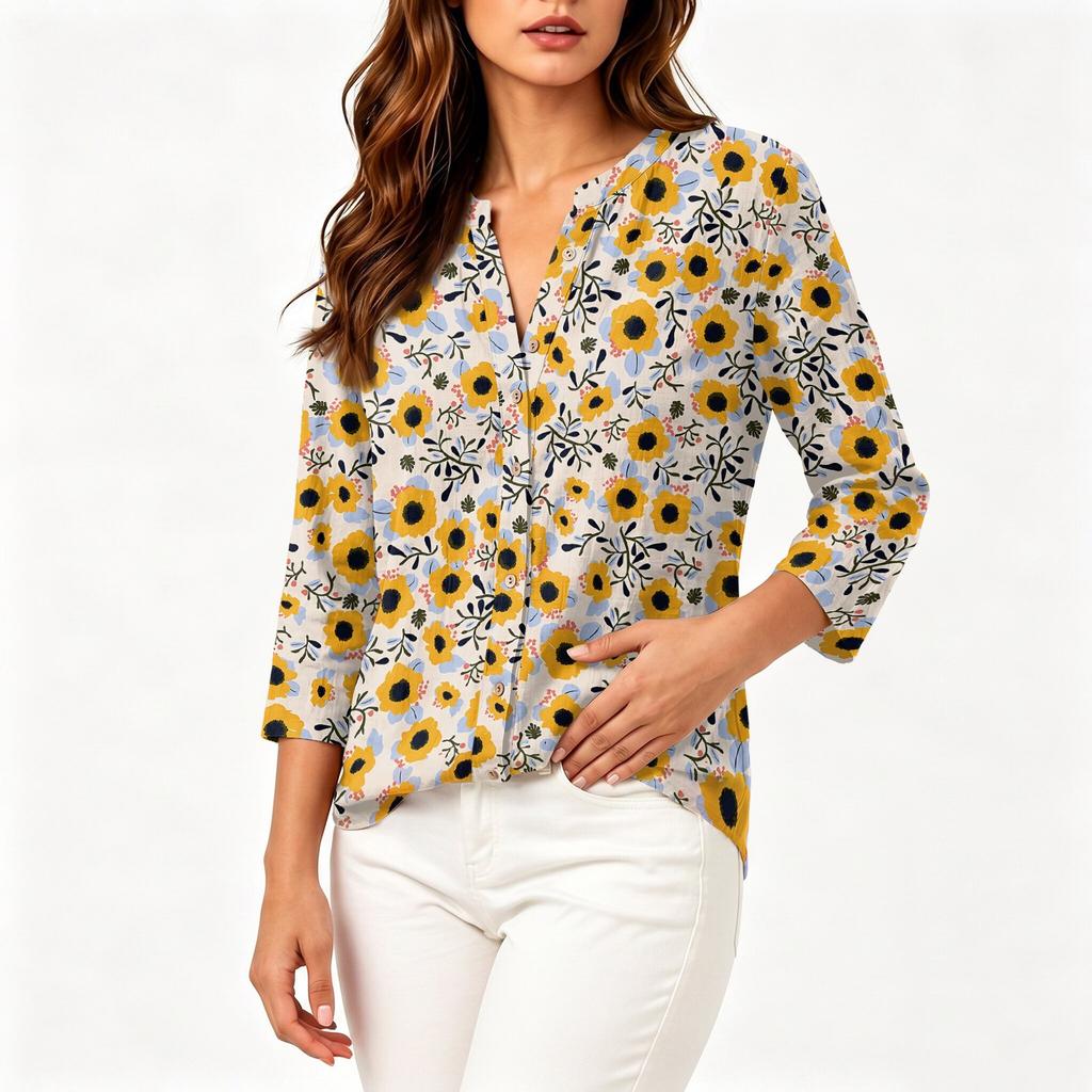 Women Floral Print Button Front Henley Shirt Three Quarter Sleeve Lightweight Linen Cotton Blend Blouse Casual Top