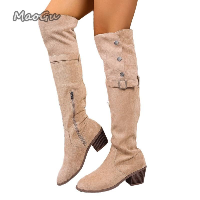 2025 Autumn New Suede Over-the-Knee Boots Women's Side Zipper Middle Heel Long Boots Apricot Size 36-42 Botas Mujer