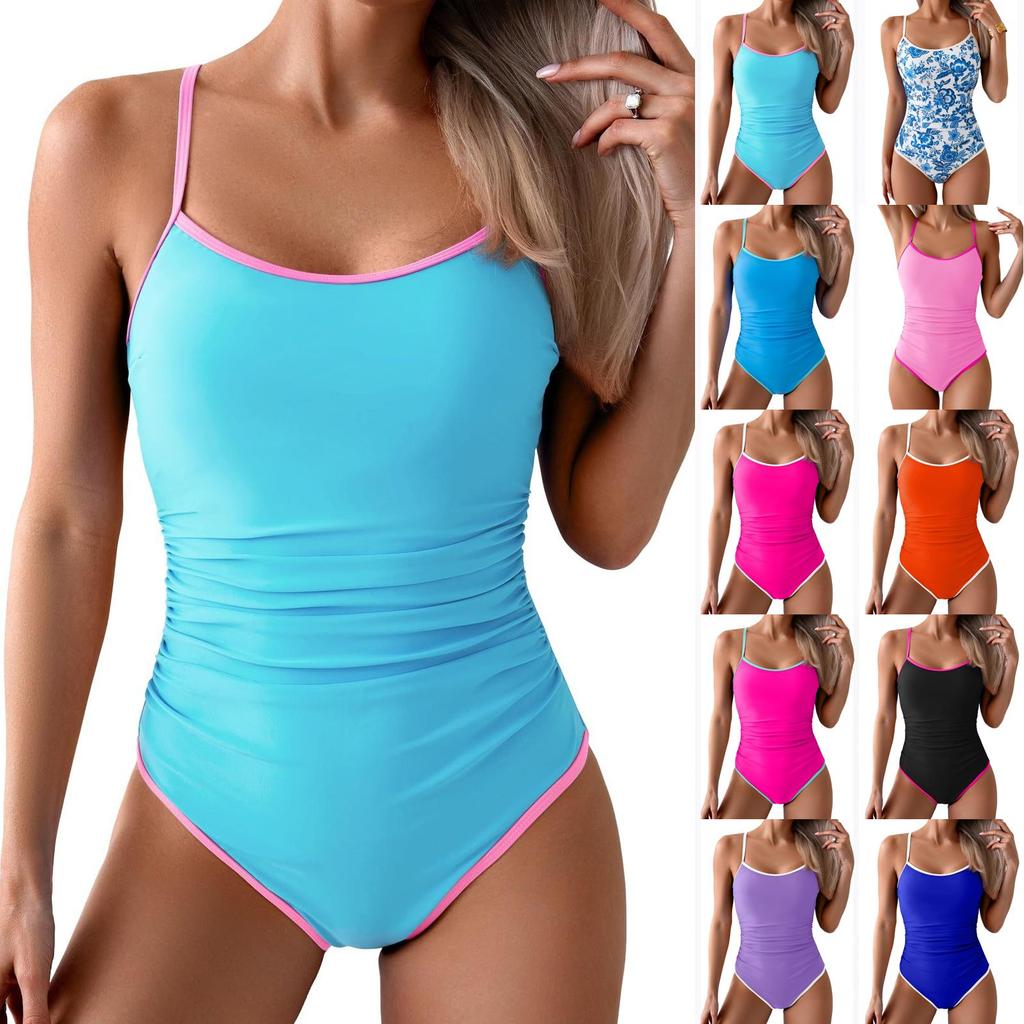 Women's Slim-fit Color-blocked Spaghetti Strap One-piece Swimsuit