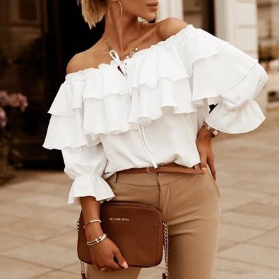 Summer Women's T-Shirt One Neck Chiffon Shirt Women Elastic Shoulder Tie Ruffle Tops Casual Loose Medium Sleeve