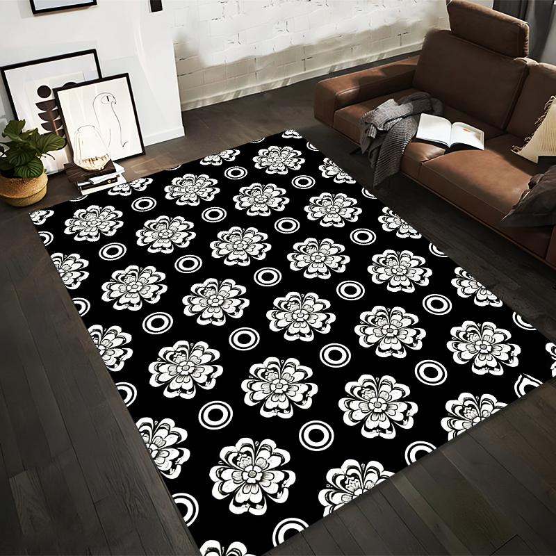 Black and White Floral Pattern Carpet, Modern Home Decor Rug Suitable for use as an anti-slip for living room bedroom sofas