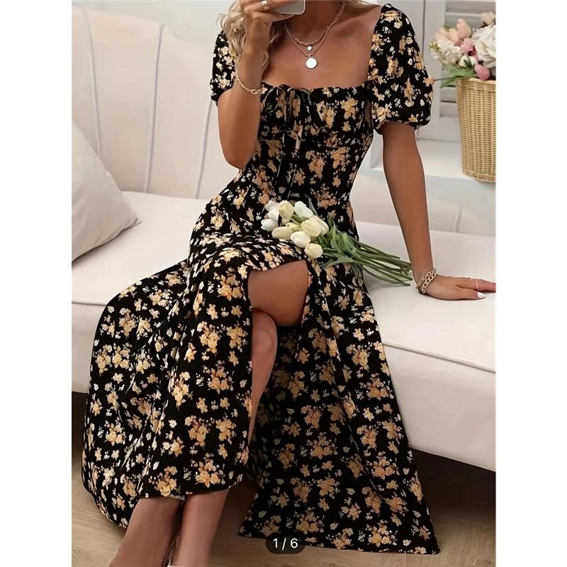 

Платье-рубашка с разрезом на бретельках и французским цветочным принтом XXXL жёлтый