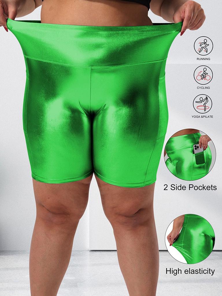 Women Large Size Foil-Stamped Shorts High Waist Shiny Metallic Elastic Shorts with Pocket