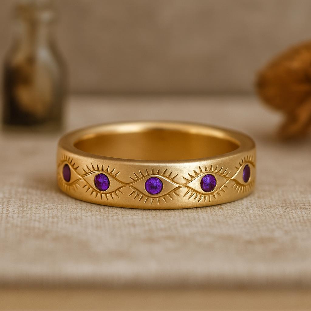 Purple Amethyst Karma Band, Yellow Gold Plated Silver, Engagement Gift for Her, Personalized Anniversary Jewelry
