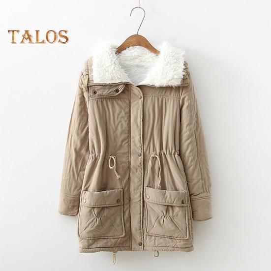 Winter Women Jacket Thickened Plush Turn-down Collar Long Sleeves Elastic Waist Pockets Zipper Closure Coat Mid Length Windproof Warm Coat