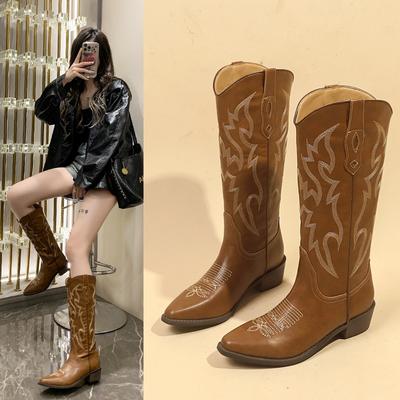 Mode Neuer Stil Bestickte Western-Cowboystiefel für Damen Herbst Spitzzehe Dicker Absatz Hoher Kniestiefel Frau Locker Leder Lange Stiefel