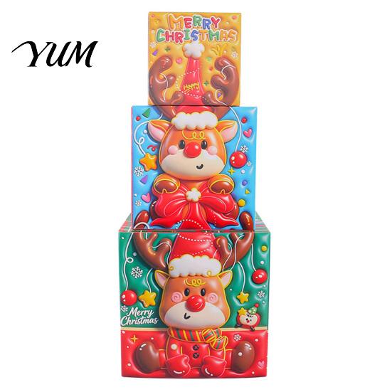 Reusable Holiday Display Sets 3Pcs Christmas Stackable Gift Box, Layered Cube Plastic Boxes with Santa Small Trinket Organizer Snowman Reindeer,