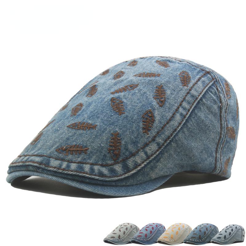 

Новый постиранный берет для пожилых женщин, ковбойская кепка с вышивкой в ​​виде рыбки, модная кепка с газетчиком, кепка с утиным язычком 56-58cm синий