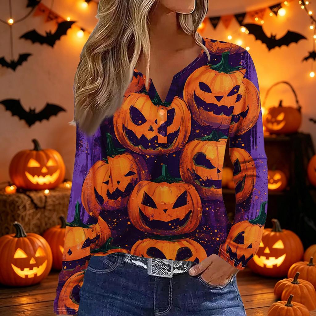 Women's Long Sleeve V Neck T Shirt Halloween Print Button Detail Casual Top Lightweight Soft Fabric Comfortable Fit