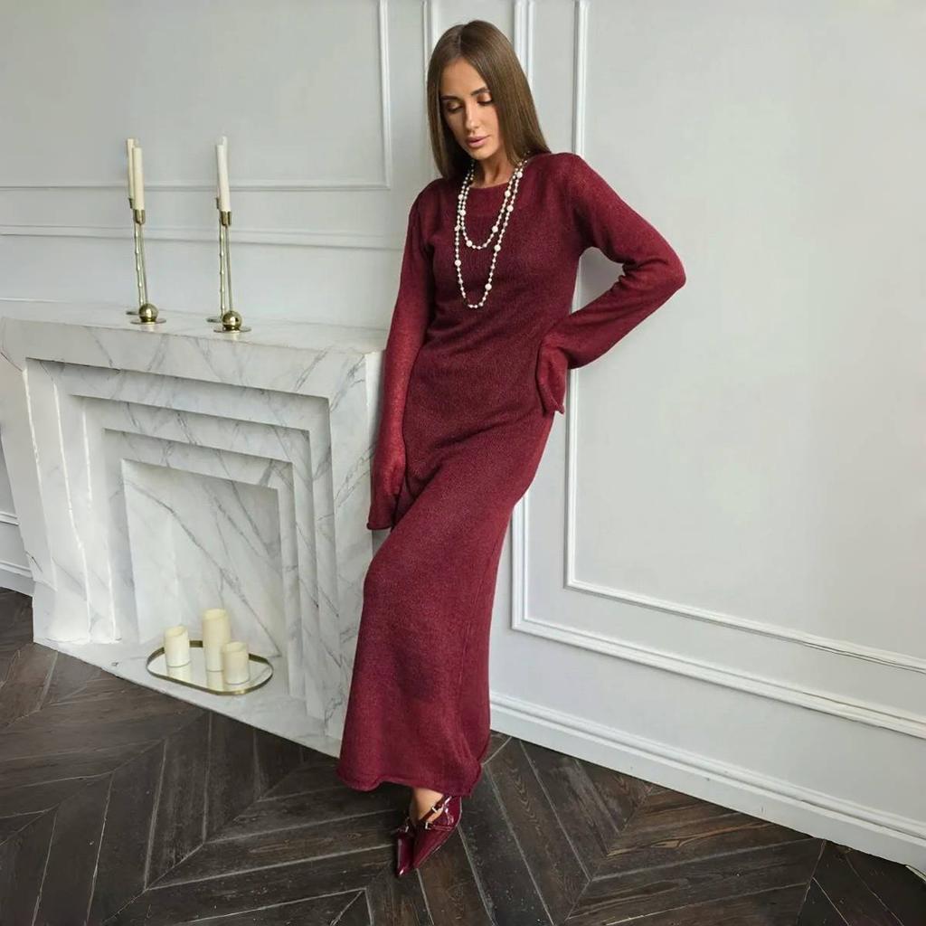LYRIA Spring Autumn O-Neck Elastic Knit Long Dresses Women Elegant Chic Soft Lady Hollowing Sweater Dresses Femme New