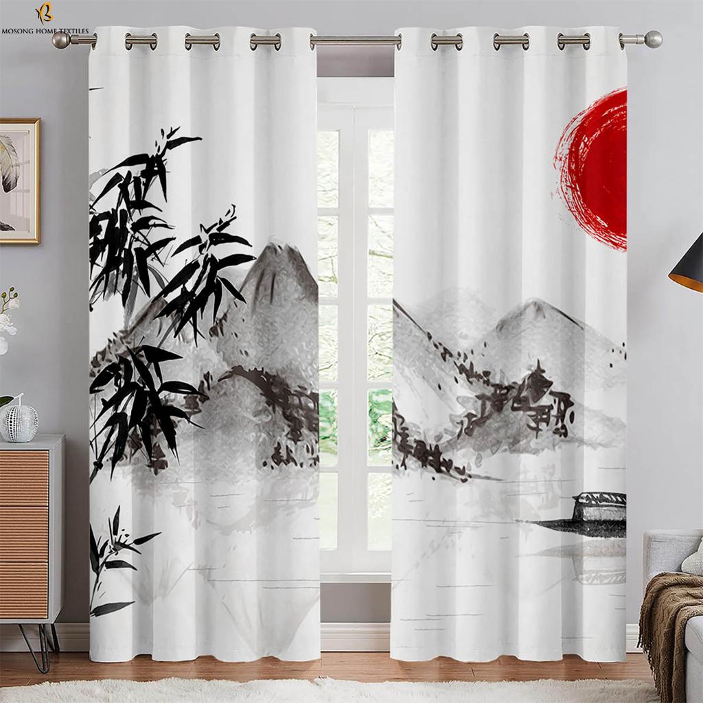 2 Pieces Of Retro Ink Peach Blossom Black And White Print Curtains Bedroom Living Room Study Decorative Curtains
