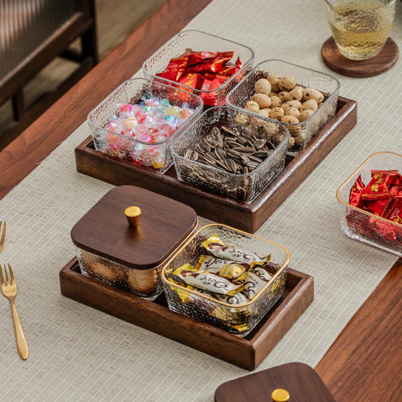 Light Luxury Walnut Wood & Glass 6-Compartment Dried Fruit Tray