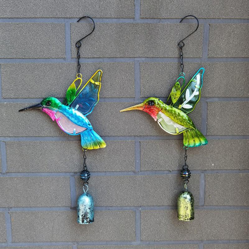 Metal Hummingbird Wind Chimes Home Creative Glass Painted Bells Hanging Decorations Window Door Decorations Garden Patio