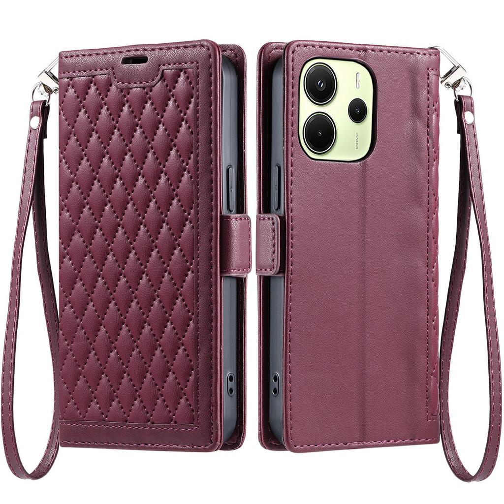 For Xiaomi Redmi Note 14 4G (163.25mm) Leather Case Rhombus Texture Wallet Stand Phone Cover with Wrist Strap