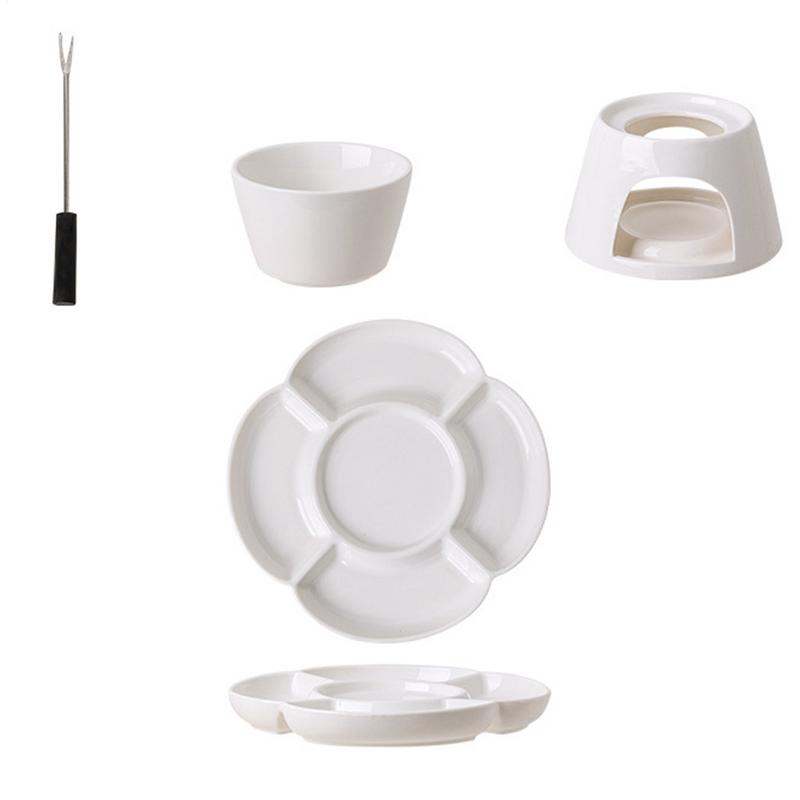 Ceramic Fondue Maker Set With Fork And Tray Candle Heating Melt Hot Pot Bowl Set For Cheese Chocolate Candy