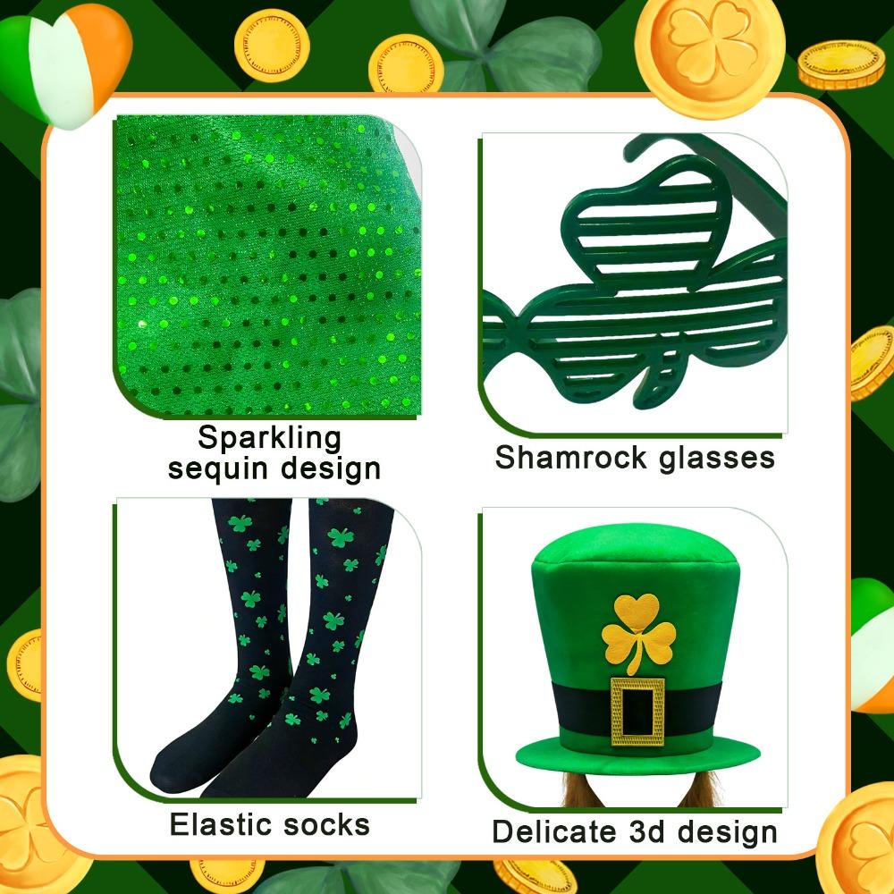 10pcs St. Patrick's Day Green Hat Beard Costume Sock Necklace Glasses Bracelet Vest Tie Festival Birthday Party Decor Supplies