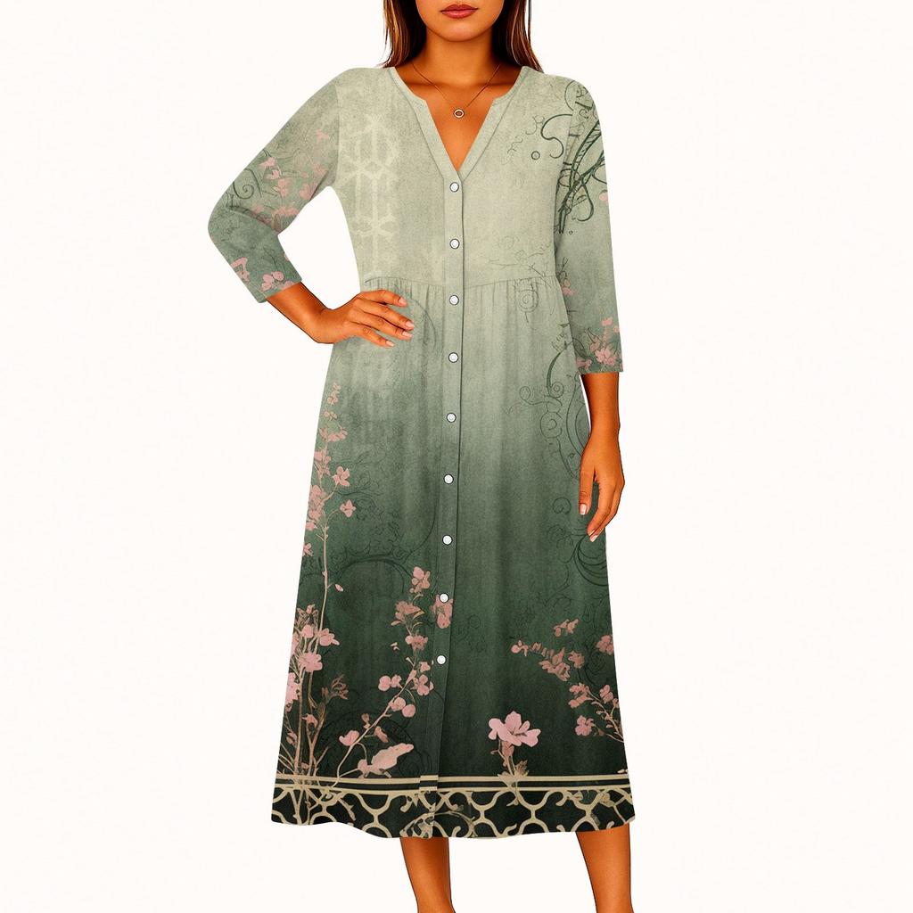 Women's Fashionable Printed Round Neck Seven Quarter Sleeve Button Loose Shirt Dress