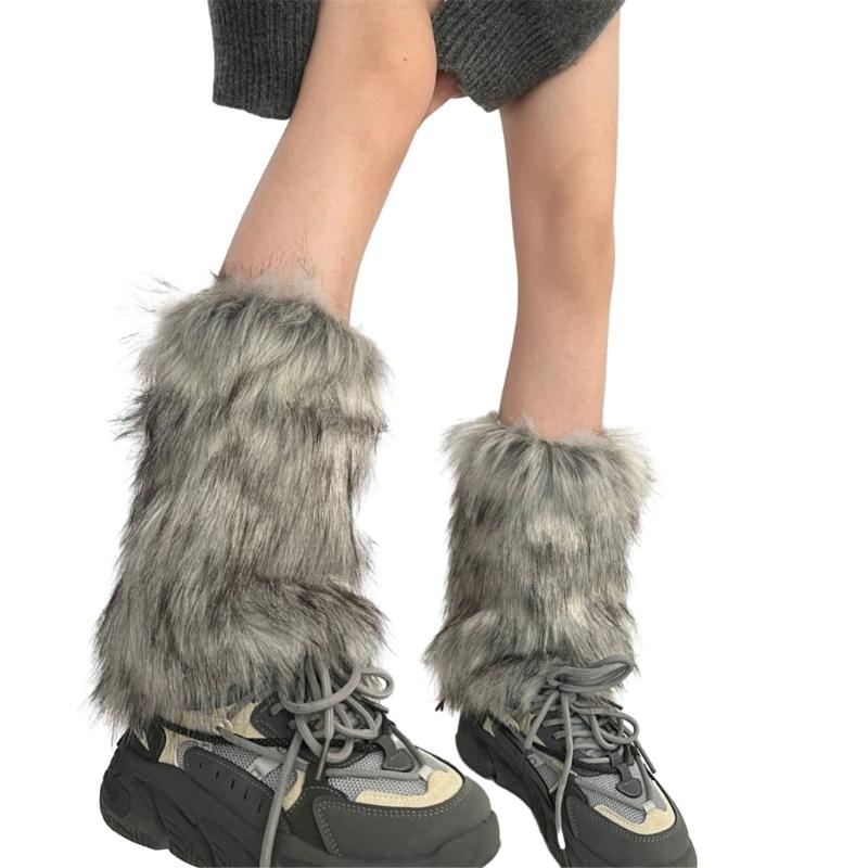 Women Harajuku Fuzzy Plush Leg Warmers Japanese JK Winter Warm Thickened Furry Boots Cover Vintage Leg Sleeve Long Socks