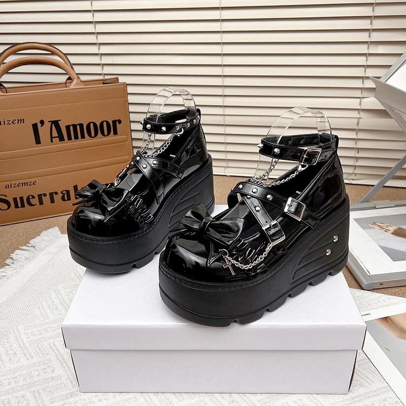 Fashion Original Punk Style Mary janes Round Head Thick Bottom Platform Shoes Female Y2K Rivet Wedges Heel Women Girls Leather Pumps