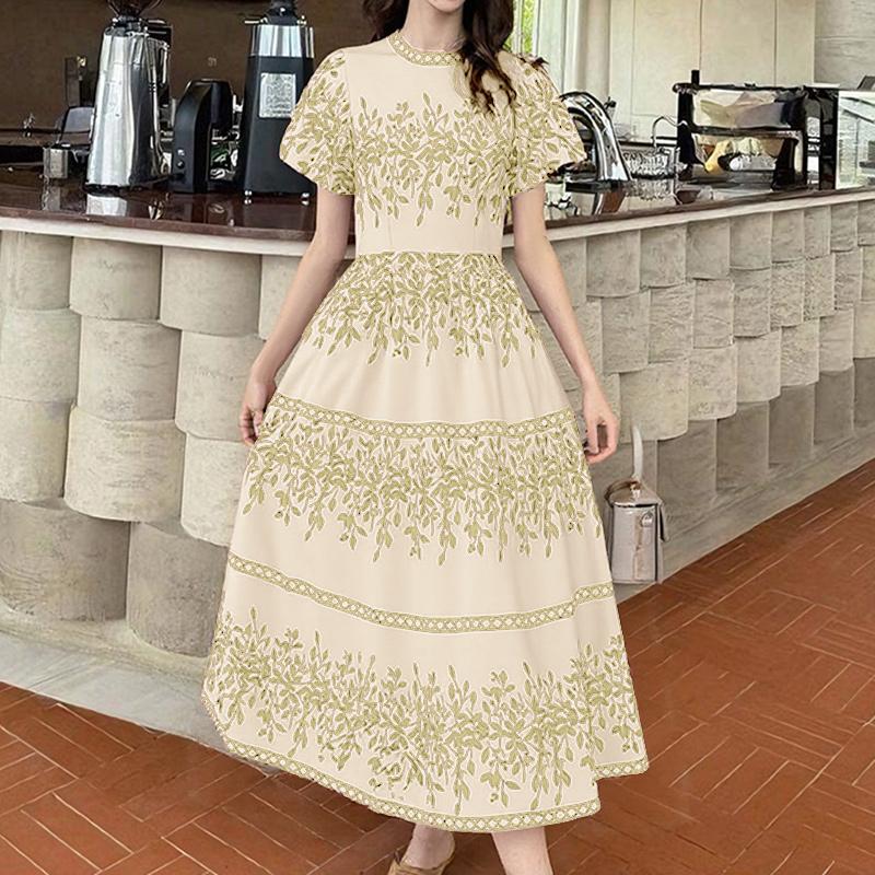 

ZANZEA Женское повседневное длинное платье с круглым вырезом и коротким рукавом с принтом 5XL абрикосовый