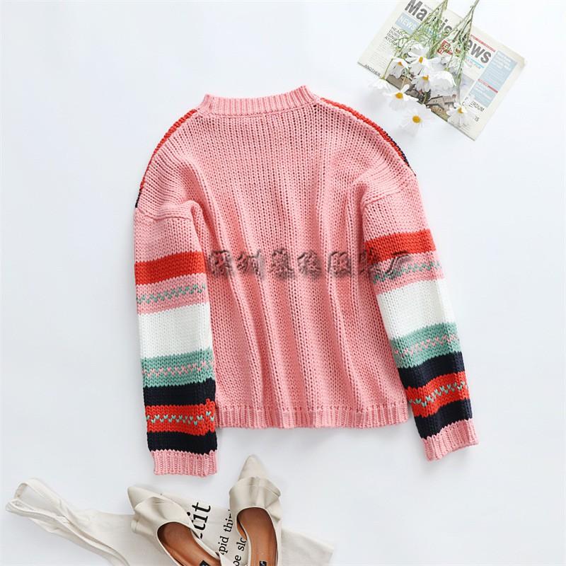 Womens Oversized Knit Sweater With Colorblock Stripe Design Round Neck Long Sleeve Loose Fit Casual Office Wear