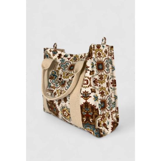 Antik Desen Cep Detaylı Askılı Tote Bag