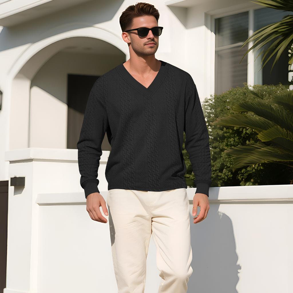 Men Vertical Cable Jacquard Textured V Neck Sweatshirt Ribbed Cuffs Long Sleeve Loose Fit Solid Color Spring Fall Daily Smart Casual Pullover Top