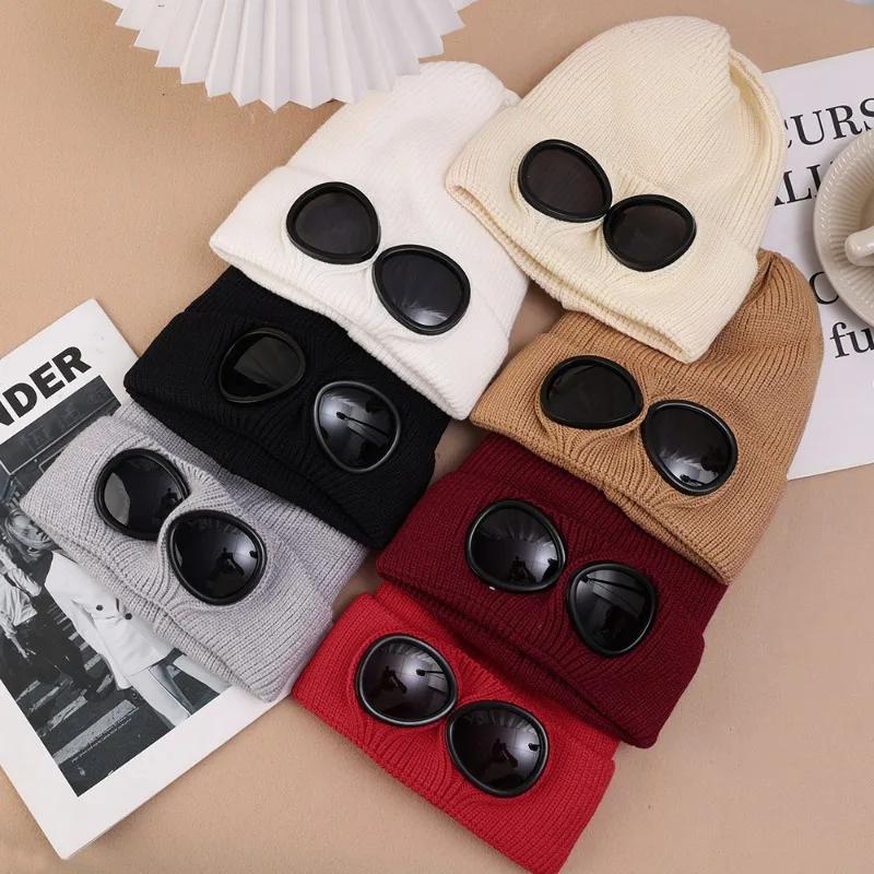 New Women Men Winter Windproof Glasses Knitted Beanie Hats Outdoor Ear Protection Sports Ski Cold Caps Thicken Skullies Beanies