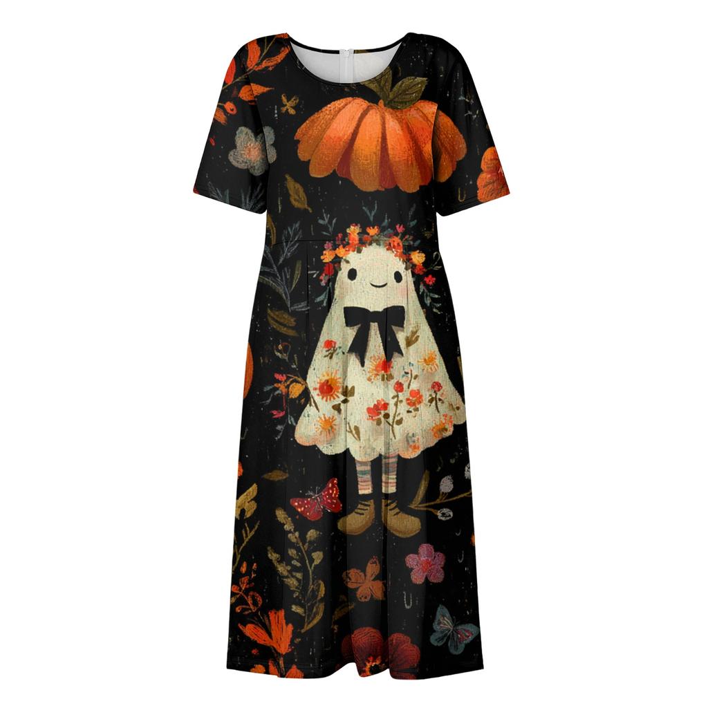Damen Halloween Bedrucktes Freizeitkleid - Rundhals mit Taschen, Lockere Passform für Damen