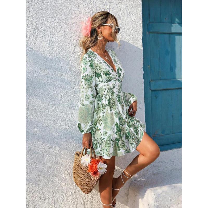 Women's Lace Trim V Neck Floral Print Mini Dress, Long Sleeve Casual Vacation Boho Ruffle Hem Beach Dress for Women