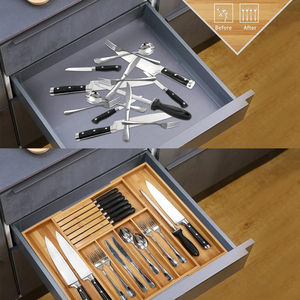 VaeFae Silverware Drawer Organizer for Expandable Utensil Holder Cutlery Tray with Dish Removable Knife Block Kitchen, & Dividers, Storage,