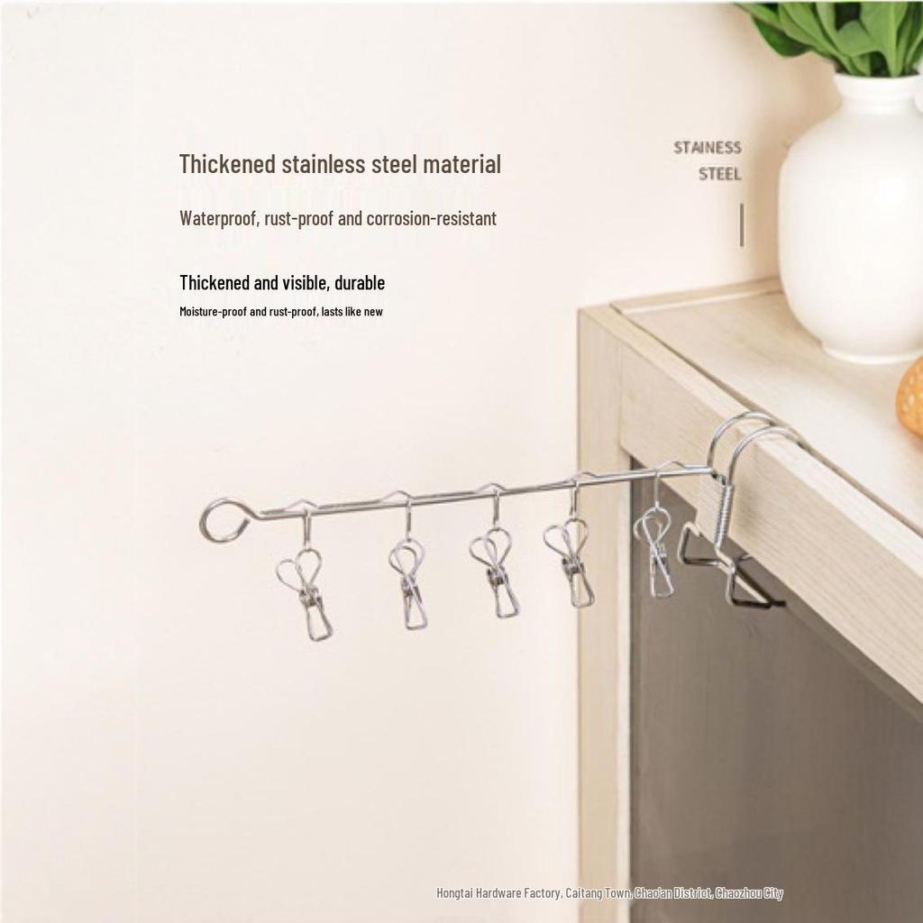 Windproof Stainless Steel Clothesline Clips & Double Hook Sock/Shoe Drying Rack